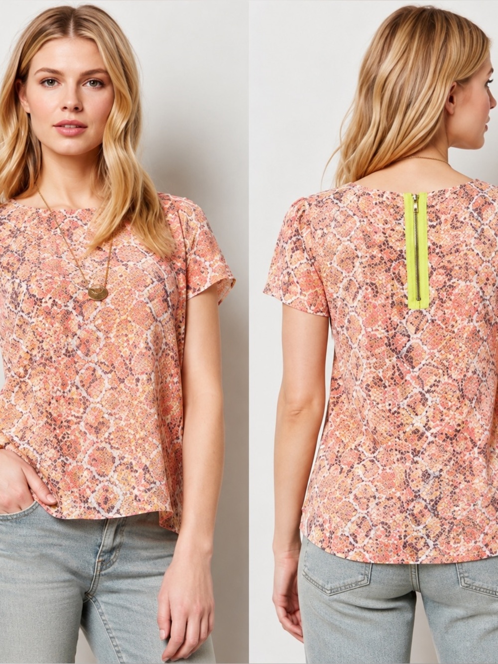 Anthropologie Peach Snake-Print Short Sleeve Top with Neon Zip Size S